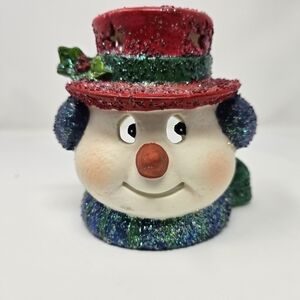 Porcelain Snowman Head Tea Light Holder Holiday Winter Christmas